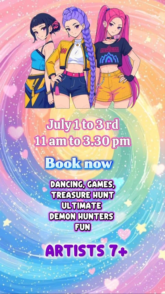 July 1-3rd. K-Pop Demon Hunters Summer Camp. 3 days of  our favourite chracters fun . Tasks designed to boost creativity !Food and sweet treats included.Cost is €90
Book the camp with €30 deposit#demonhuntersart #artcampsdublin #artforkidsdublin #summercampsdublin #artnplay
