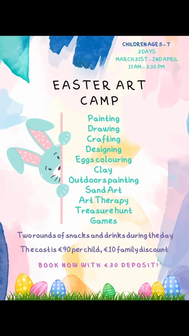 Painting, Drawing, Marbling, Bags Designing, and their favourite... eggs colouring. Music, games, dancingThe group size is 8 children, please book now, only a few spaces left. XxBook to Revolut @artcabin with €30 deposit#katsartdublin #artforkidsdublin #easterartcampdublin #eastercamps