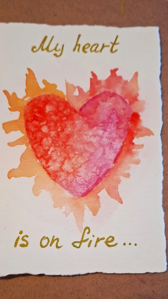 Easy watercolour love heart tutorial. Fun to make with children, just change the fire into sunshine ☀️😄😉#watercolourheart #valentinescard #watercolourcards #lovecards #handmadecards