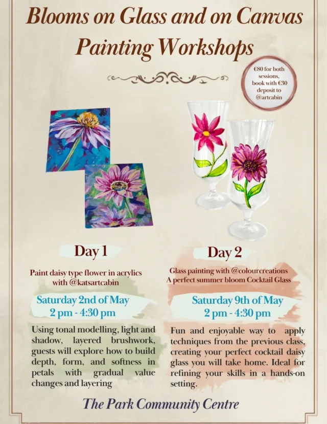All levels, begginers are welcome! You will learn to paint your perfect daisy in acrylic then apply your new skills on creating your unique cocktail glass 🩷 Fun, relaxing and expanding!
This is a 2 sessions workshop, the first session is with me, second day with @colourcreations1I really enjoyed her workshops, so much fun! 🥰#artworkshopssouthdublin #artschooldublin #flowersinacrylicdublin #paintingonglassdublin