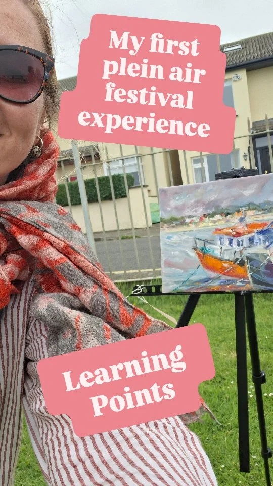 So much fun but also important lessons:🤠 If you book workshops you get less time for free painting, around 2.5 hrs. I personally was unable "just to watch" the first workshop and started painting with a hope to finish with the artist, and do my own after, but nope)...took me 2 hrs more to refine the details. But ok, practices to paint boats which never really attempted before!🤠 Pack less) I had a heavy chair to drag along the whole coastline 😃 - had no choice, as chair is MUST have. Legs get tired!🤠 Pack umbrella, in case of rain and a box you could stick your canvas quickly without ruining it. Raincoat, scarf to keep dry.🤠 Sunscreen!!🤠 Any materials by your choice are allowed. Also there was a tent selling materials on a site.🤠 Don't go crazy with canvas size, if brought two and was happy I did a smaller one but finished it. Better smaller and finished than bigger and unfinished🤠 People really help each other so if you have forgotten anything you could buy on a site or borrow🤠 Sturdy easel, I used my artbox table easel, placing on my knees as the other metal one kept shaking. Worse investing into a good one - a plan).🤠 Painting a little intense (for me) as per time pressure and time flies but it's usually a good thing, cause there's energy to finish🤠 In the afternoon everyone showcasing their art at the appointed space. So much fun and enjoyment! Like a gallery of diverse work created in just a few hours!I think absolutely everyone should do thisLoved it. ...couldn't come today, but looking forward for tomorrow in Botanic Gardens#dublinpleinair
#dublinpleinairfestival
#paintingoutdoors
#seapaintings
#paintingclasses