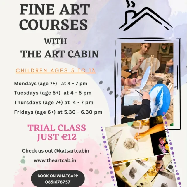 Academic curriculum in a fun way!Children 10+ Mondays and Thursdays at 5.30 to 7 pm
Children 6+ Mondays and Thursdays at 4 to 5.30 pm
Mini Artists 4+ Tuesdays & Wednesdays 4 to 5 pm
Artists 5+ to 7 Fridays 5.30 to 6.30 pm6 week term cost €92
Mini Artists €50 per month (4 classes)
Friday Artists €50 per month (4 classes)10 min break with a sweet treat included! ☀️Trial class just €12Come try it out!We are back in July with the workshops!!#artforkidsdublin
#artclassesdublin
#artforchildrendublin
#artforsmallchildren
#artsouthdublin
