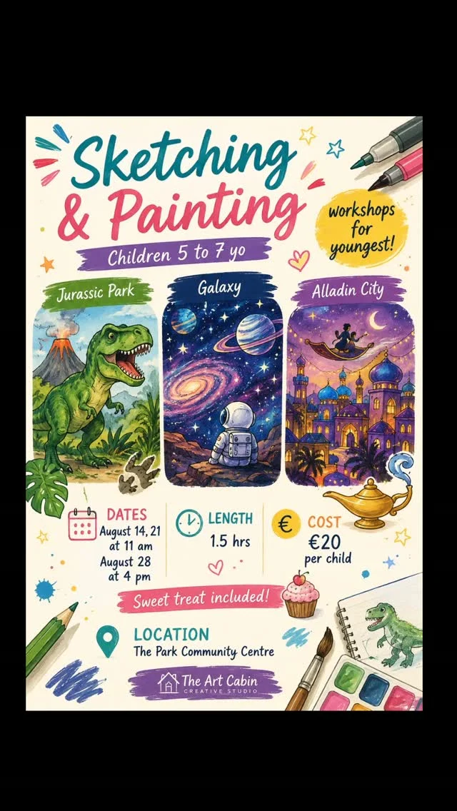 Sketching & Painting Workshops (Ages 5–7)A fun-filled creative adventure designed especially for our youngest artists! Children will learn the basics of sketching and painting while exploring exciting themes through step-by-step guidance.Each workshop helps build creativity, confidence, observation skills, and fine motor development. + Funfunfun!!🦖 Jurassic Park
🌌 Galaxy
🕌 Aladdin City1.5-hour workshop • €20 per child • Sweet treat included#miniartists #artworkshops #artforyoungest #artforpreschoolers #artprimaryschool