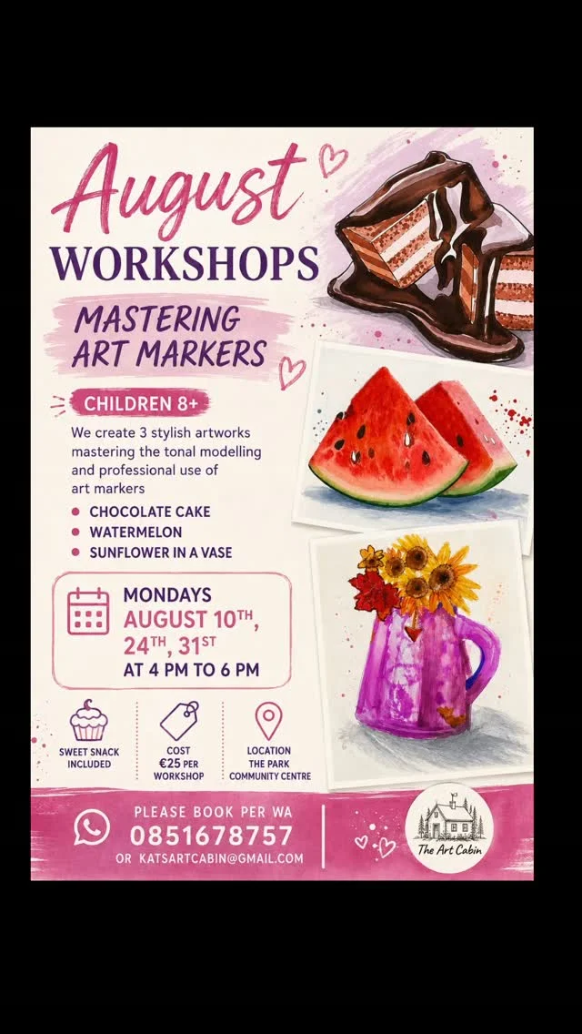 ** Booked out! **
A creative three-week journey into the exciting world of professional art markers! Children will learn how to use different type of markers with confidence while practicing tonal modelling, blending, colour layering, highlights, shadows, and creating realistic textures.Over the course of the workshops, each child will complete three stylish artworks:
🍫 Chocolate Cake
🍉 Watermelon
🌻 Sunflower in a VasePerfect for young artists who enjoy drawing and want to take their colouring and illustration skills to the next level. All materials are provided, but they are welcome to bring their own markers!Places are limited , please book before August 7th#artworkshopsdublin
#artforkidsdublin
#artmarkersworkshop