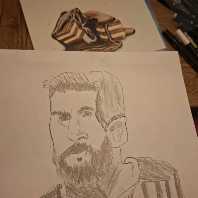 My son got into soccer at 9 years of age, around same time he would stop doing art classes with me 😭... yet... at times  he got his "arty moments"... when he can sit down and create something like this... this was done with the YouTube tutorial, but I was impressed!
He drew this a year ago, I strangely found it today... in line with sad thoughts about the Leo's family...so sad 😢At the background testing new markers purchased for the workshops next week...#artmarkersclass #artclasseschildren #artcampsdublin
#markersartchildren #messifans