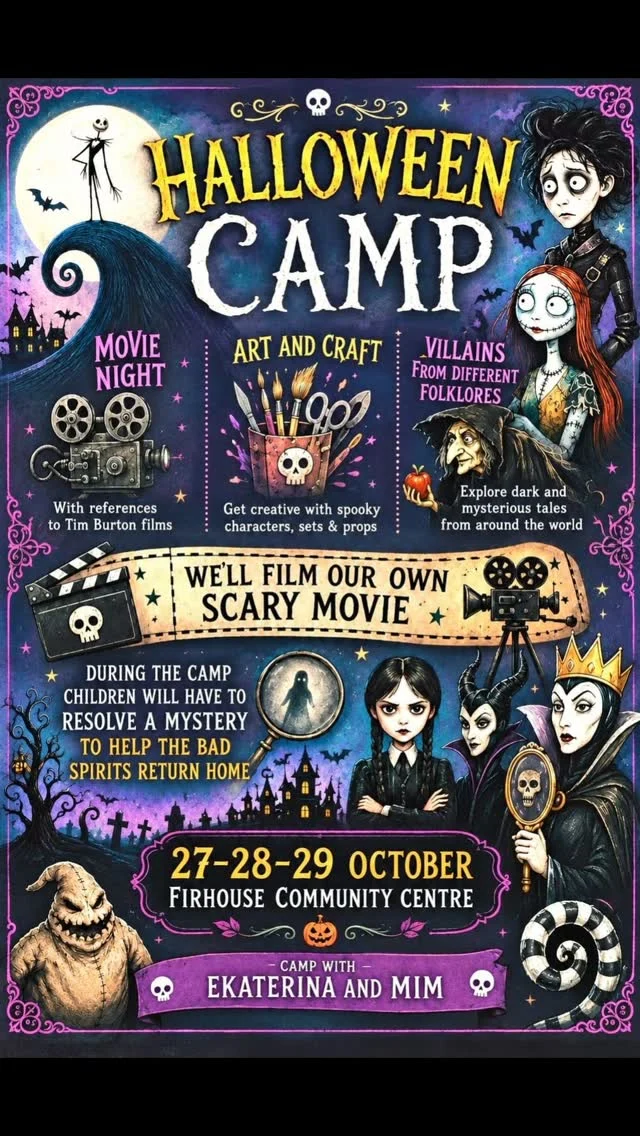 You won't believe how excited we are to announce our new Halloween camp The Movie Night 🎬📽!! Thank you those who waited, asked and pre-booked spaces!! OMG a long term dream coming true: the camp is inspired by  unbelievably talanted, unique, witty and most celebrated director and illustrator in the children's film industry TIM BURTON !!Send me a PM to book!!Camp The Movie Night will take place at the @firhousecommunitycentre 3 days before Halloween 🎃 from 11 am till 3 pm.
We will learn about the legendary creator  and immerse into the film making from the script to developing characters and making an actual movie!! We will also be solving mysteries and go through the thrilling art tasks 😄A very special camp. Children 6+ until 13 y.o.
To prebook send me a text or PM and I add you into the WA group. Deposit will need to be settled at the end of September .So so excited for this camp, we gonna have so much quality spooky fun x#artcampsouthdublin #Halloweencampdublin #artcampdublin #Halloweencampfirhouse #Halloweenart